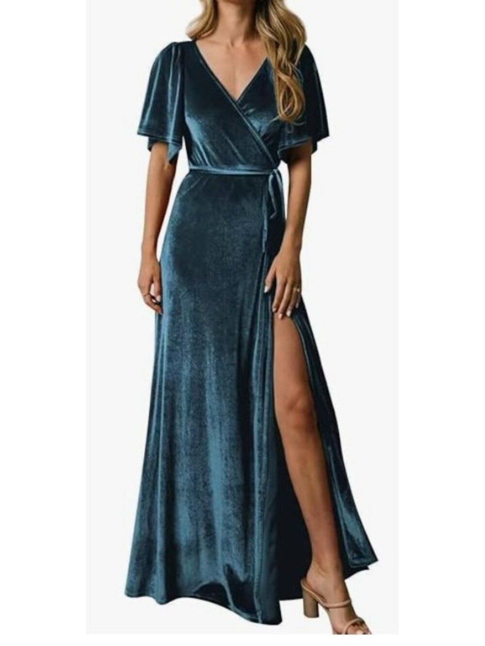NWT Merokeety Blue Velvet Wrap Maxi Dress Gown Short Sleeve Medium